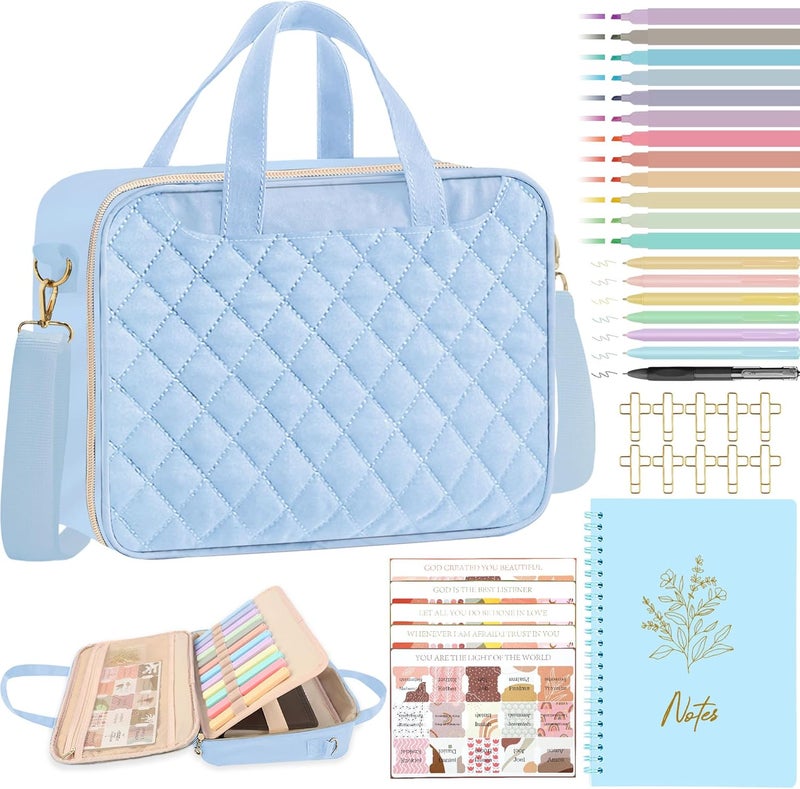 PUGPIU Bible Cover Case for Women, Large Quilted Bible Bag with Shoulder Strap and Handle, Bible Study Supplies Journaling Kit with Highlighters Pens No Bleed Tabs Notebook Cross Clips (Light Blue) - Image 1